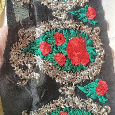 Black / Olive Green Silk Fabric Trim With Red, Green And Gold Floral Rose Embroidery, Indian Laces
